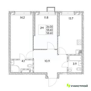2-к квартира, вторичка, 59м2, 29/31 этаж