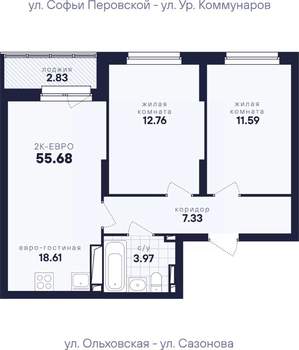 2-к квартира, вторичка, 56м2, 12/17 этаж