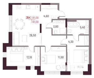 3-к квартира, вторичка, 81м2, 1/25 этаж