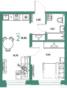 2-к квартира, строящийся дом, 37м2, 2/24 этаж