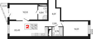 2-к квартира, вторичка, 75м2, 14/25 этаж