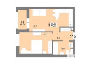 1-к квартира, вторичка, 44м2, 19/25 этаж