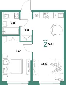 2-к квартира, строящийся дом, 43м2, 12/31 этаж