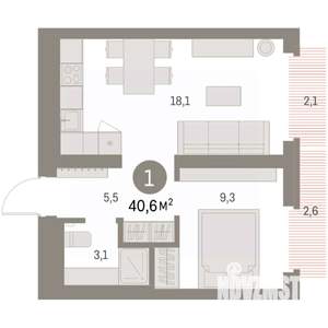 1-к квартира, вторичка, 42м2, 6/9 этаж