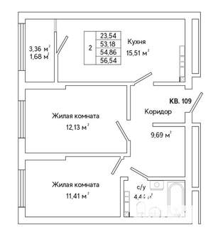 2-к квартира, строящийся дом, 57м2, 12/25 этаж