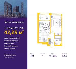 1-к квартира, сданный дом, 42м2, 17/32 этаж
