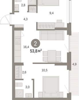 2-к квартира, вторичка, 54м2, 3/9 этаж