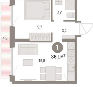 1-к квартира, вторичка, 36м2, 9/9 этаж