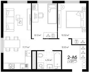 2-к квартира, вторичка, 51м2, 1/15 этаж