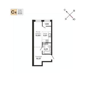 Студия квартира, строящийся дом, 34м2, 21/25 этаж