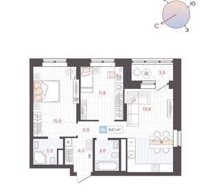2-к квартира, вторичка, 64м2, 20/25 этаж
