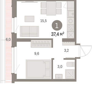 1-к квартира, вторичка, 37м2, 8/9 этаж