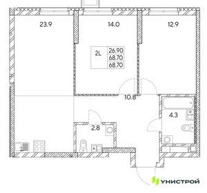 2-к квартира, вторичка, 69м2, 27/30 этаж
