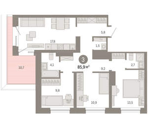 3-к квартира, вторичка, 86м2, 8/8 этаж