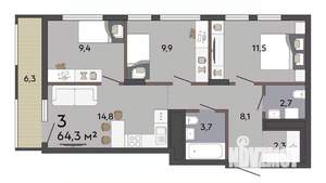 3-к квартира, строящийся дом, 64м2, 3/19 этаж