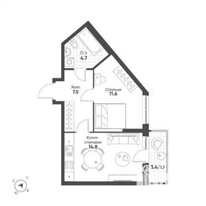 1-к квартира, вторичка, 40м2, 14/15 этаж