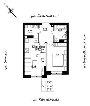 1-к квартира, строящийся дом, 37м2, 13/25 этаж
