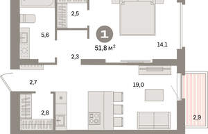 1-к квартира, вторичка, 52м2, 4/16 этаж