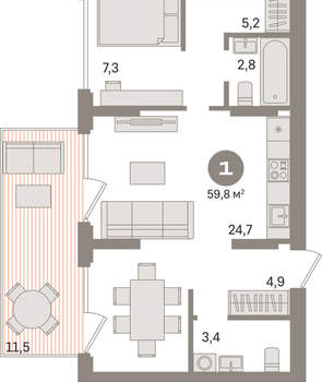 1-к квартира, вторичка, 60м2, 1/9 этаж