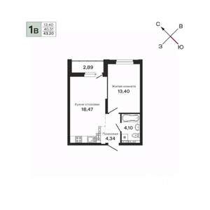 1-к квартира, строящийся дом, 43м2, 20/25 этаж