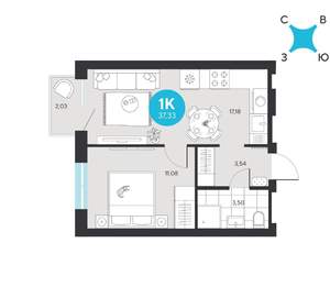 1-к квартира, строящийся дом, 37м2, 7/22 этаж