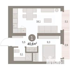 1-к квартира, вторичка, 41м2, 6/9 этаж