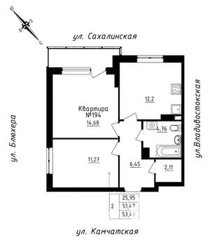 2-к квартира, строящийся дом, 53м2, 17/25 этаж