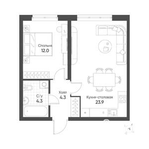 1-к квартира, строящийся дом, 45м2, 5/16 этаж