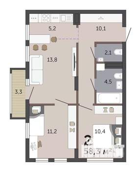 2-к квартира, вторичка, 58м2, 9/19 этаж