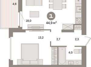 1-к квартира, вторичка, 45м2, 5/16 этаж