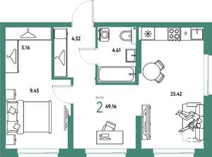 2-к квартира, строящийся дом, 49м2, 14/24 этаж