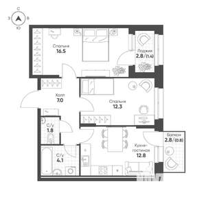 2-к квартира, вторичка, 57м2, 6/16 этаж