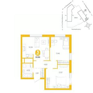 3-к квартира, вторичка, 56м2, 7/24 этаж