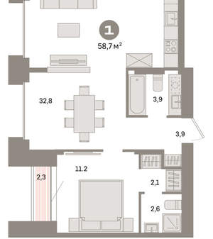 1-к квартира, вторичка, 59м2, 2/16 этаж