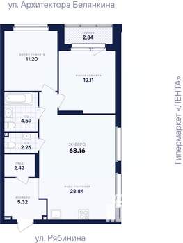 2-к квартира, вторичка, 68м2, 25/26 этаж