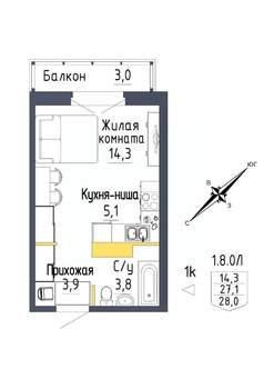 1-к квартира, строящийся дом, 28м2, 4/9 этаж