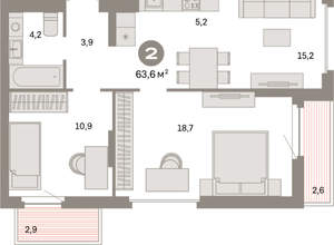 2-к квартира, вторичка, 64м2, 3/16 этаж