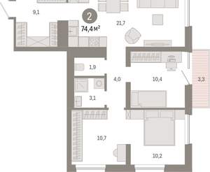 2-к квартира, вторичка, 74м2, 6/8 этаж