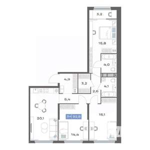 3-к квартира, строящийся дом, 93м2, 18/20 этаж