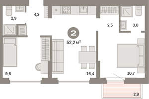 2-к квартира, вторичка, 52м2, 7/16 этаж