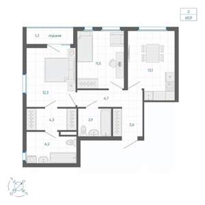 2-к квартира, вторичка, 61м2, 29/32 этаж