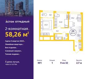 2-к квартира, сданный дом, 58м2, 9/32 этаж