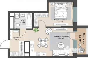 1-к квартира, строящийся дом, 47м2, 15/29 этаж