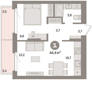 1-к квартира, вторичка, 44м2, 7/16 этаж