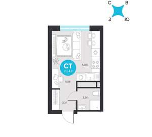 Студия квартира, строящийся дом, 23м2, 9/22 этаж