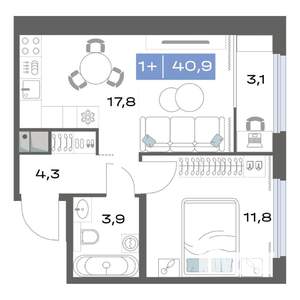 1-к квартира, строящийся дом, 41м2, 16/17 этаж