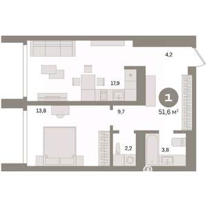 1-к квартира, вторичка, 52м2, 21/24 этаж