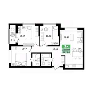 3-к квартира, строящийся дом, 82м2, 3/27 этаж