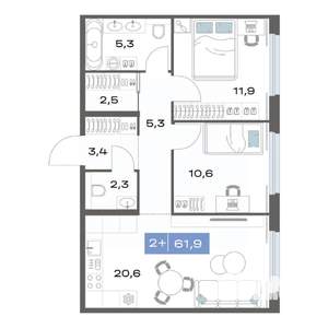 2-к квартира, строящийся дом, 62м2, 2/17 этаж