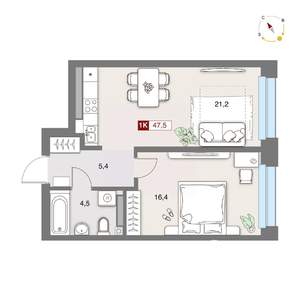 1-к квартира, строящийся дом, 48м2, 8/8 этаж